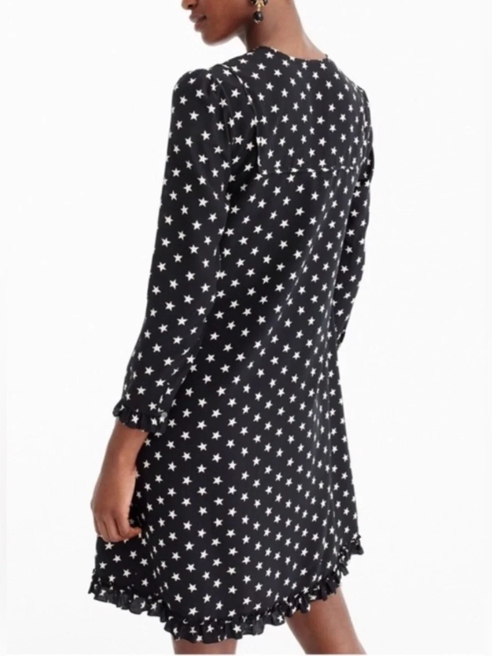 J. Crew Collection Black Silk Star Print Long Sleeve Ruffle Trim Shift Dress 4